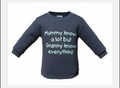 navy long sleeve sweatshirt with mummy knows a lot but Granny knows everything printed in white. On a white background.
