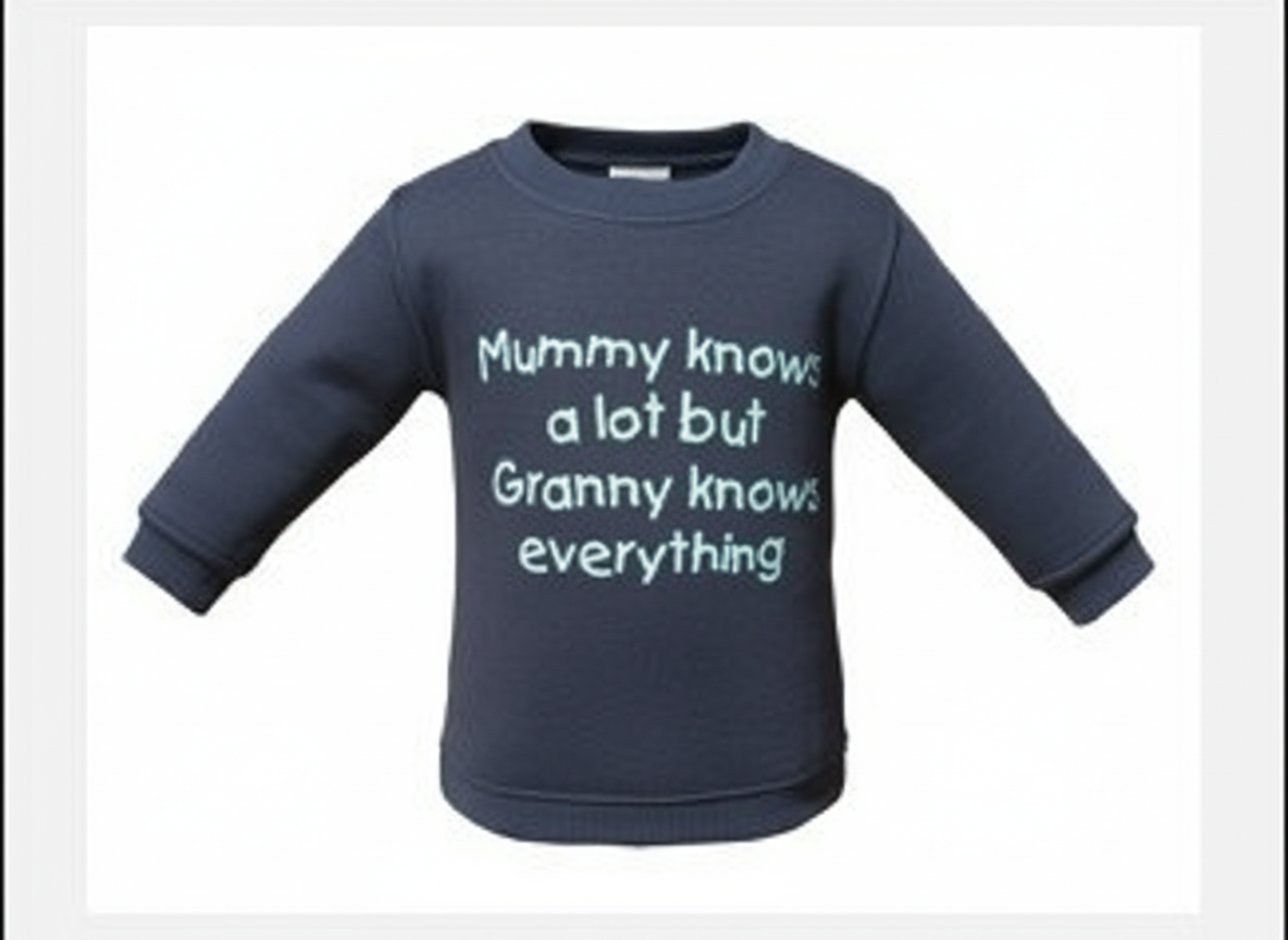 navy long sleeve sweatshirt with mummy knows a lot but Granny knows everything printed in white. On a white background.