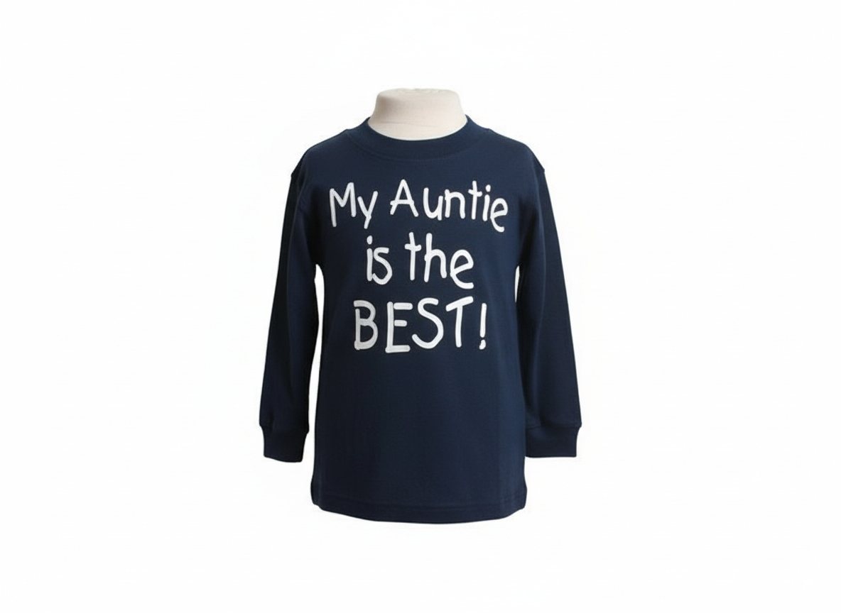 Navy blue sweatshirt with 'My Auntie is the BEST!' text on a white background
