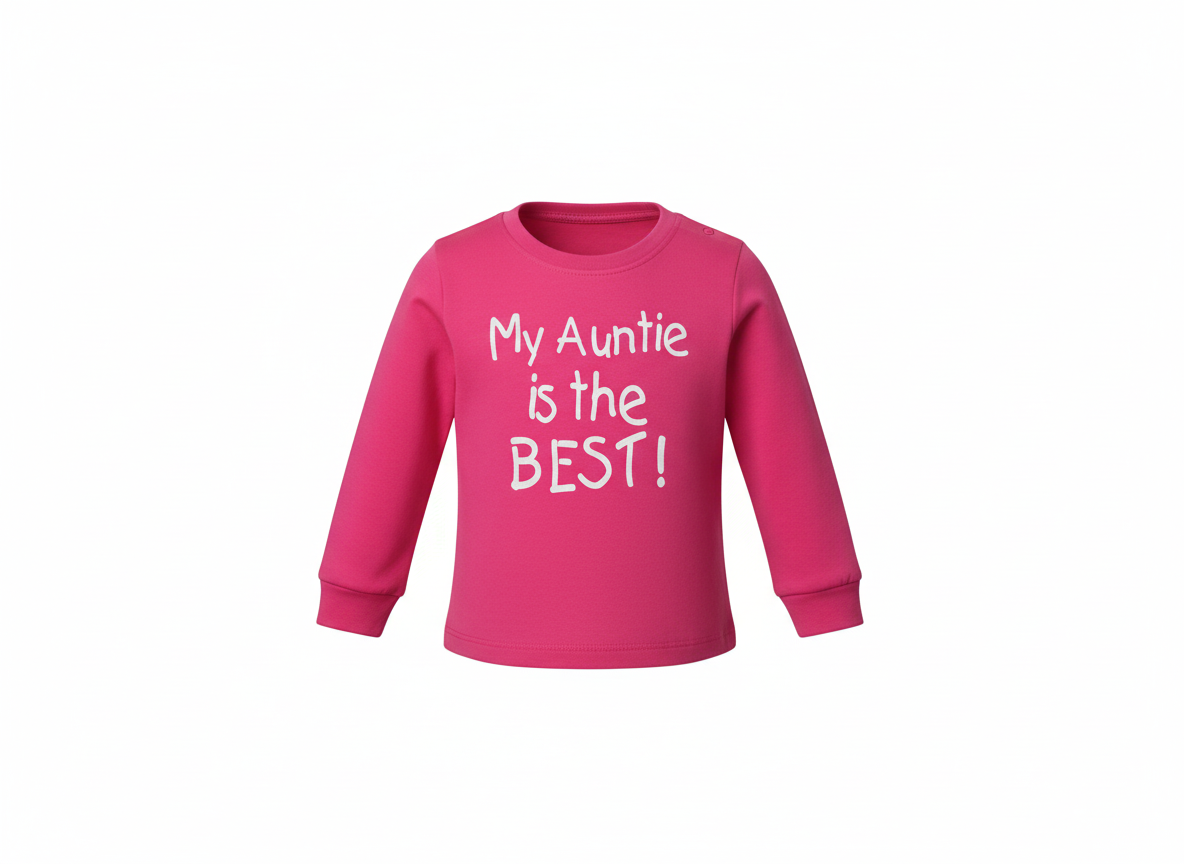 Pink sweatshirt with 'My Auntie is the BEST!' text on a white background