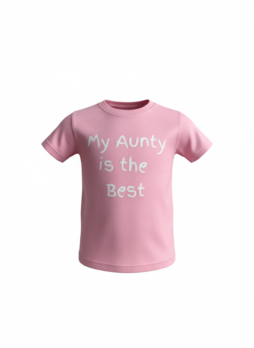 Pink t-shirt with 'My Aunty is the Best' text on a white background