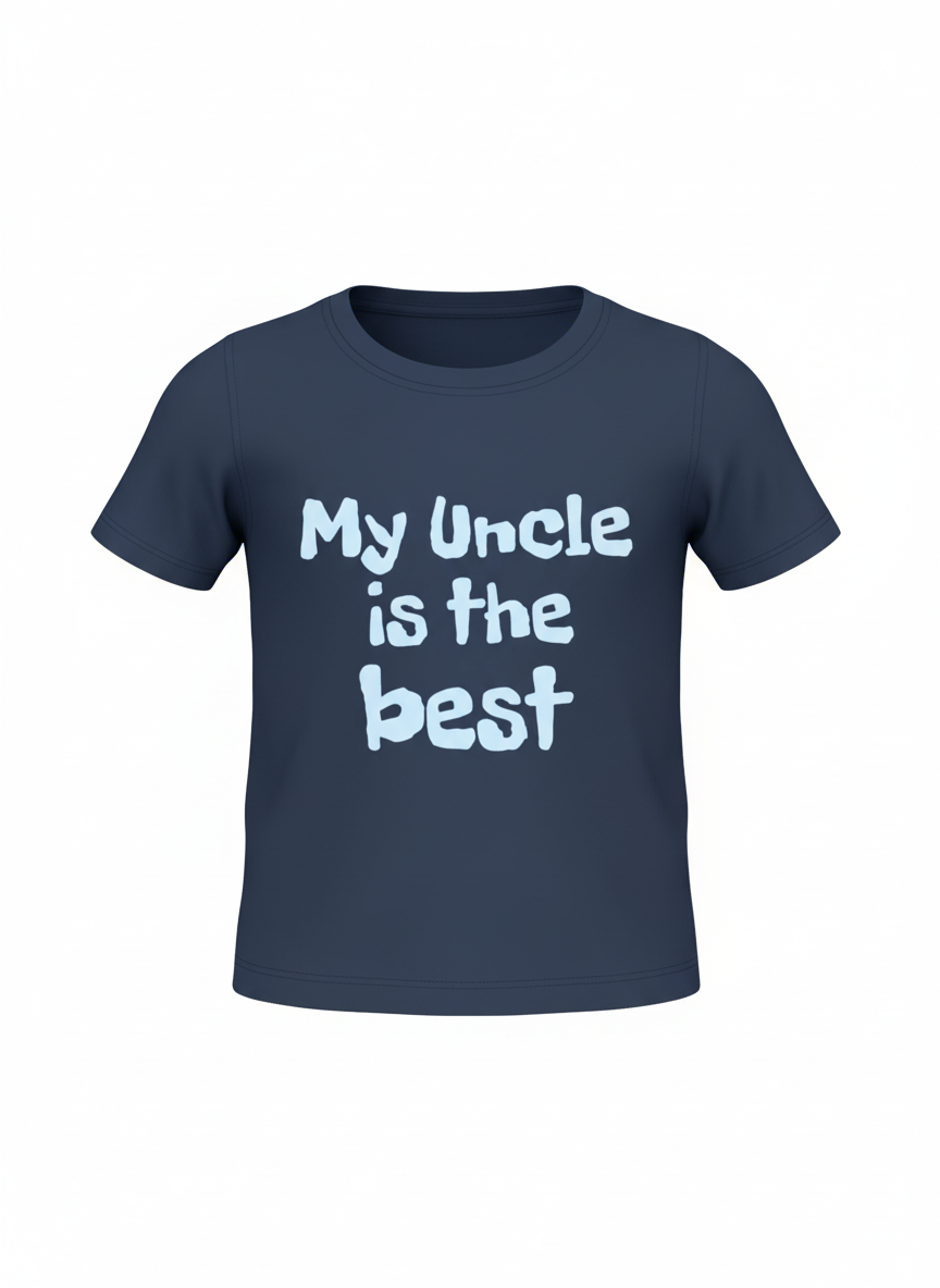 Navy blue t-shirt with 'My Uncle is the best' text on a white background