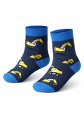 Pair of navy socks with yellow bulldozer patterns on a white background