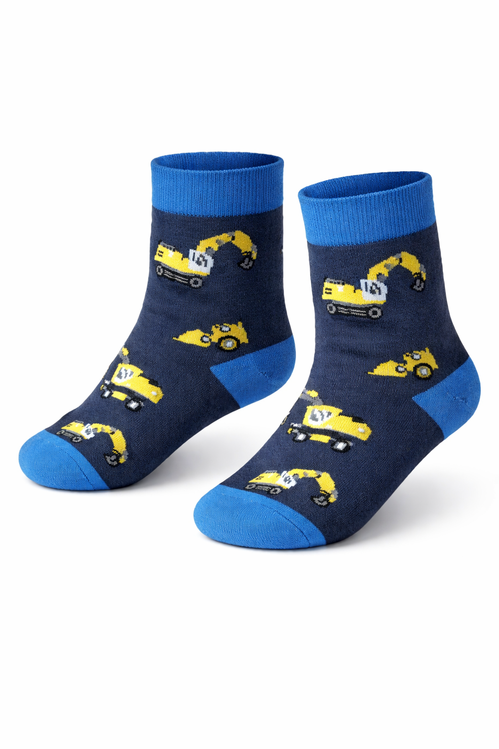 Pair of navy socks with yellow bulldozer patterns on a white background