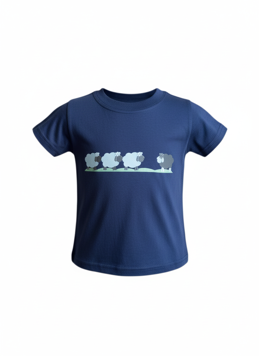 Navy blue t-shirt with a graphic design on a white background