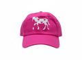 Pink cap with a white horse design on a white background