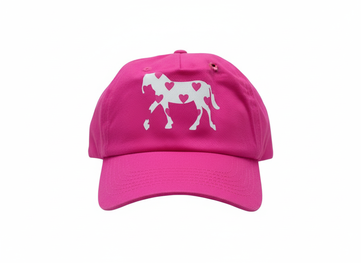 Pink cap with a white horse design on a white background