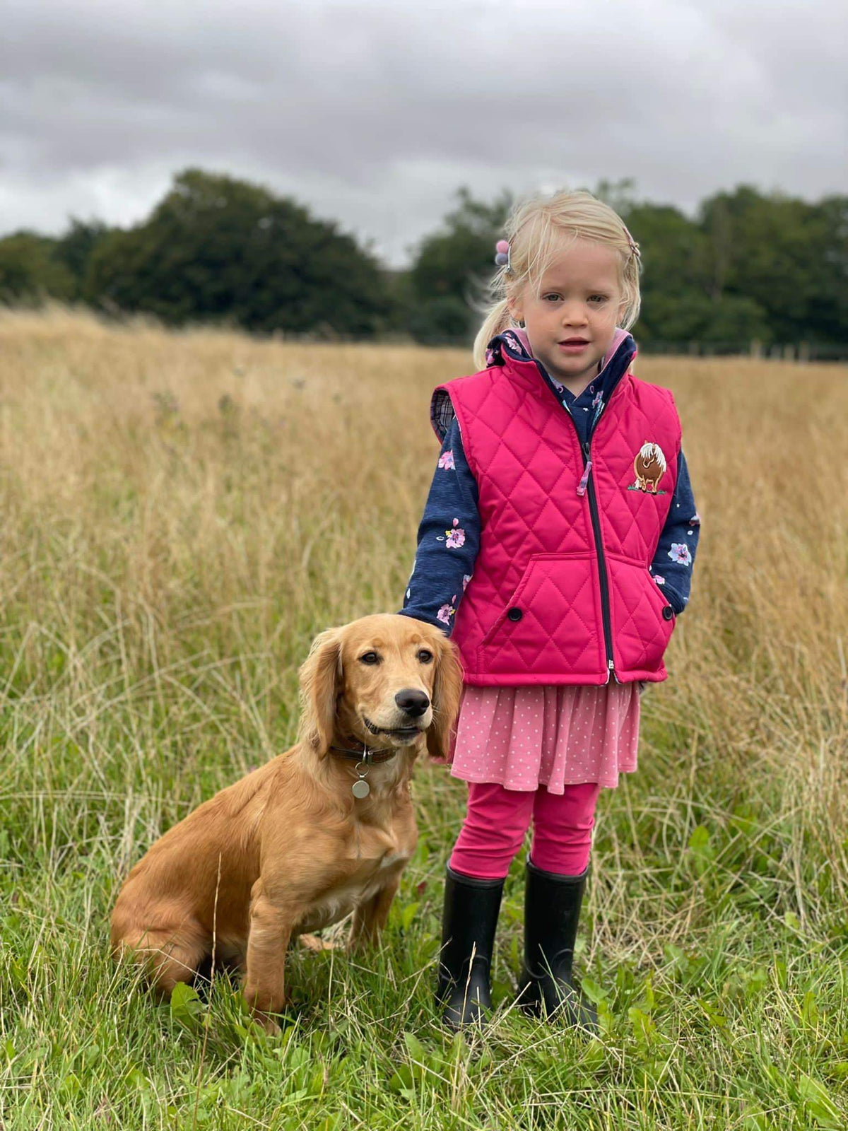 Young girl in a pink and blue outfit standing with a dog in a field on a cloudy day.