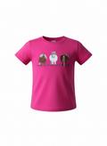 Pink t-shirt with graphic of three animals on a white background