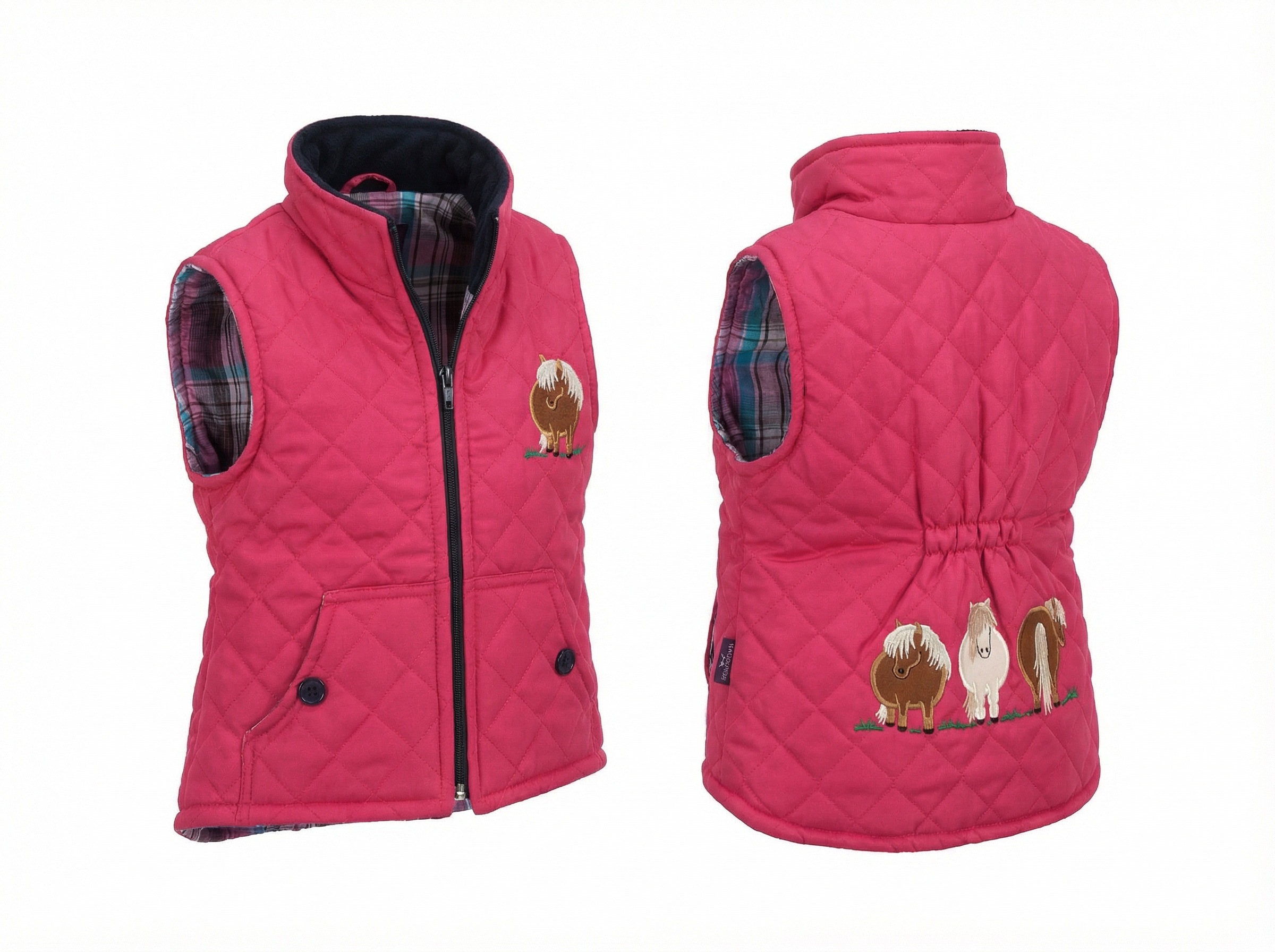 Pink quilted vest with animal illustrations on a white background