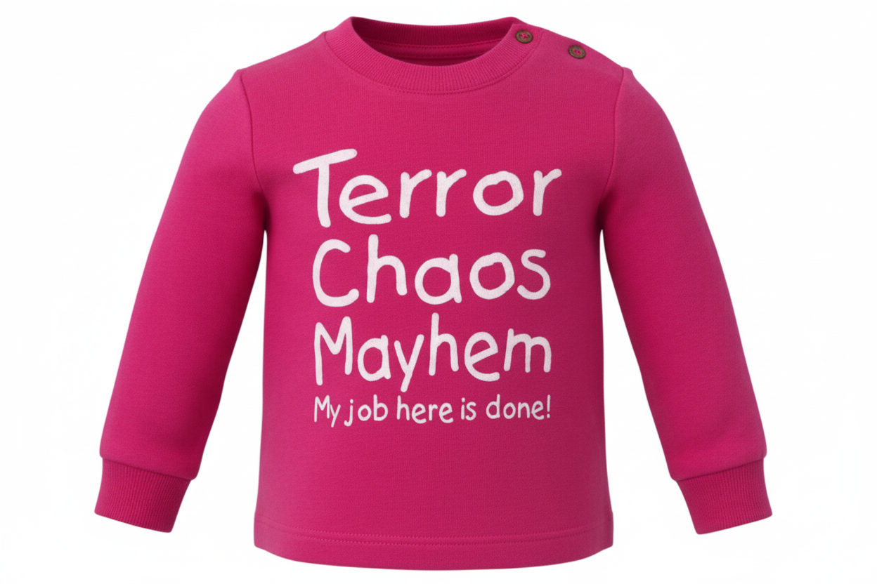 Pink sweatshirt with white text on a white background