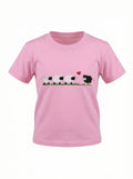 Pink t-shirt with a graphic of a cow and calf on a white background