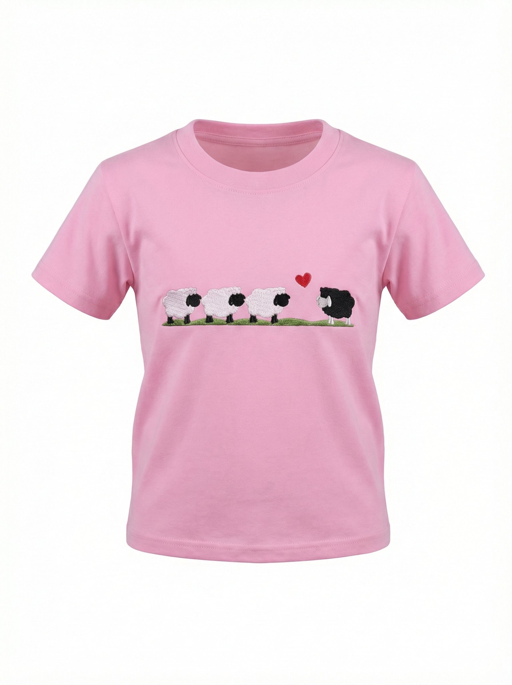 Pink t-shirt with a graphic of a cow and calf on a white background