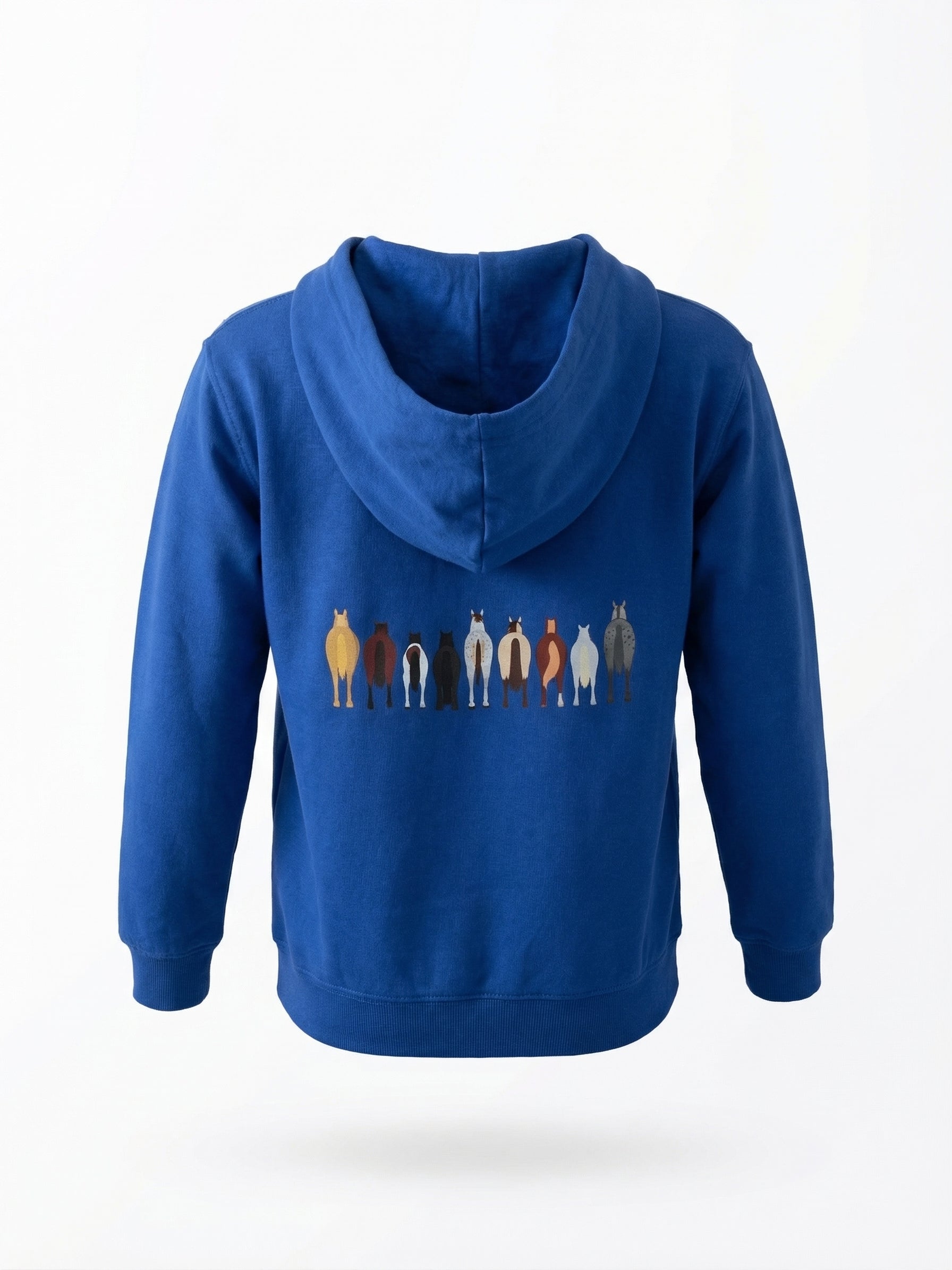 Blue hoodie with a pattern of people on the back against a white background