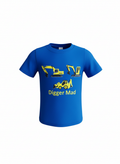 Blue t-shirt with yellow construction vehicle graphics and 'Digger Mad' text on a white background