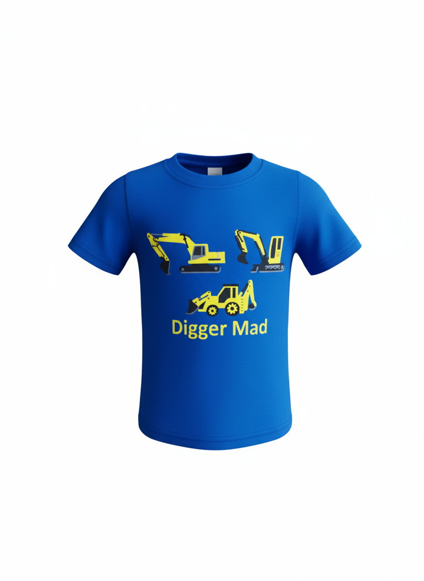 Blue t-shirt with yellow construction vehicle graphics and 'Digger Mad' text on a white background