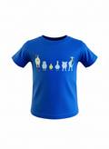 Blue t-shirt with cartoon animal designs on a white background