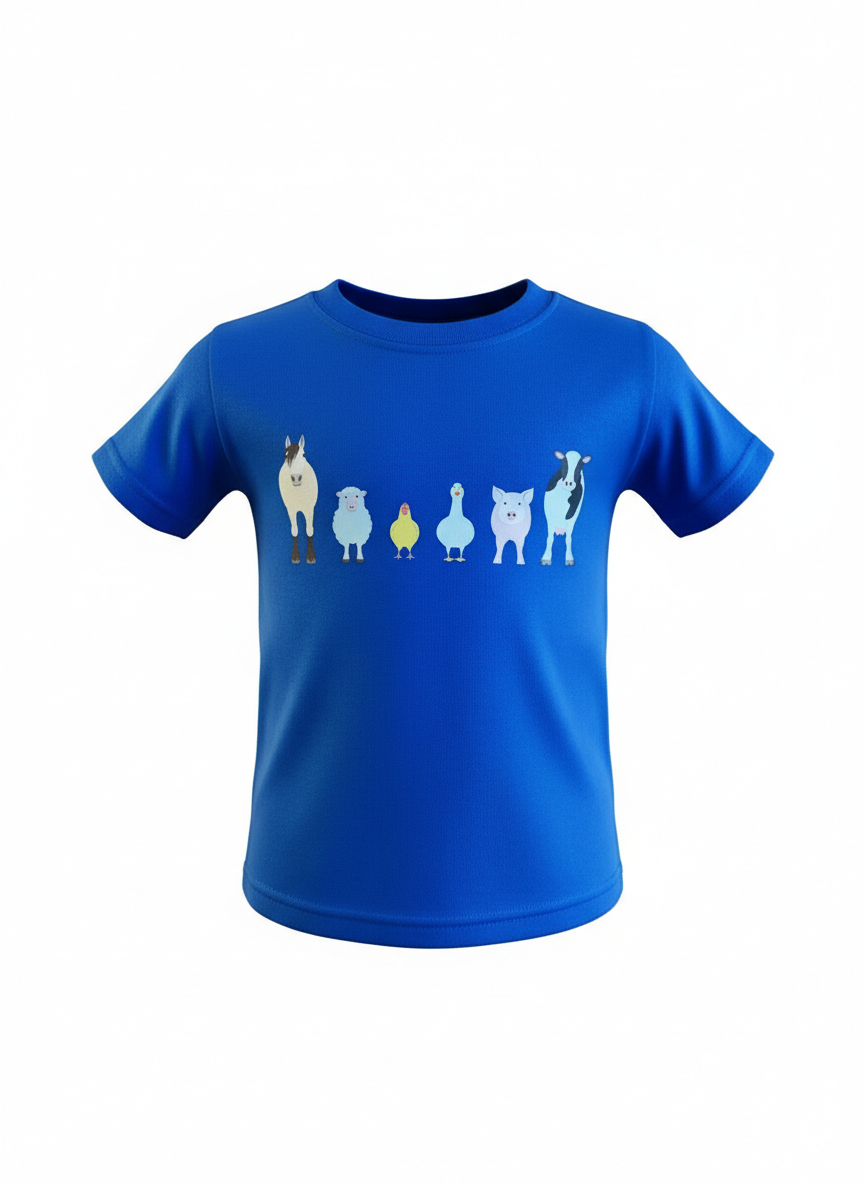 Blue t-shirt with cartoon animal designs on a white background