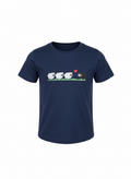 Navy blue t-shirt with a graphic design on a white background