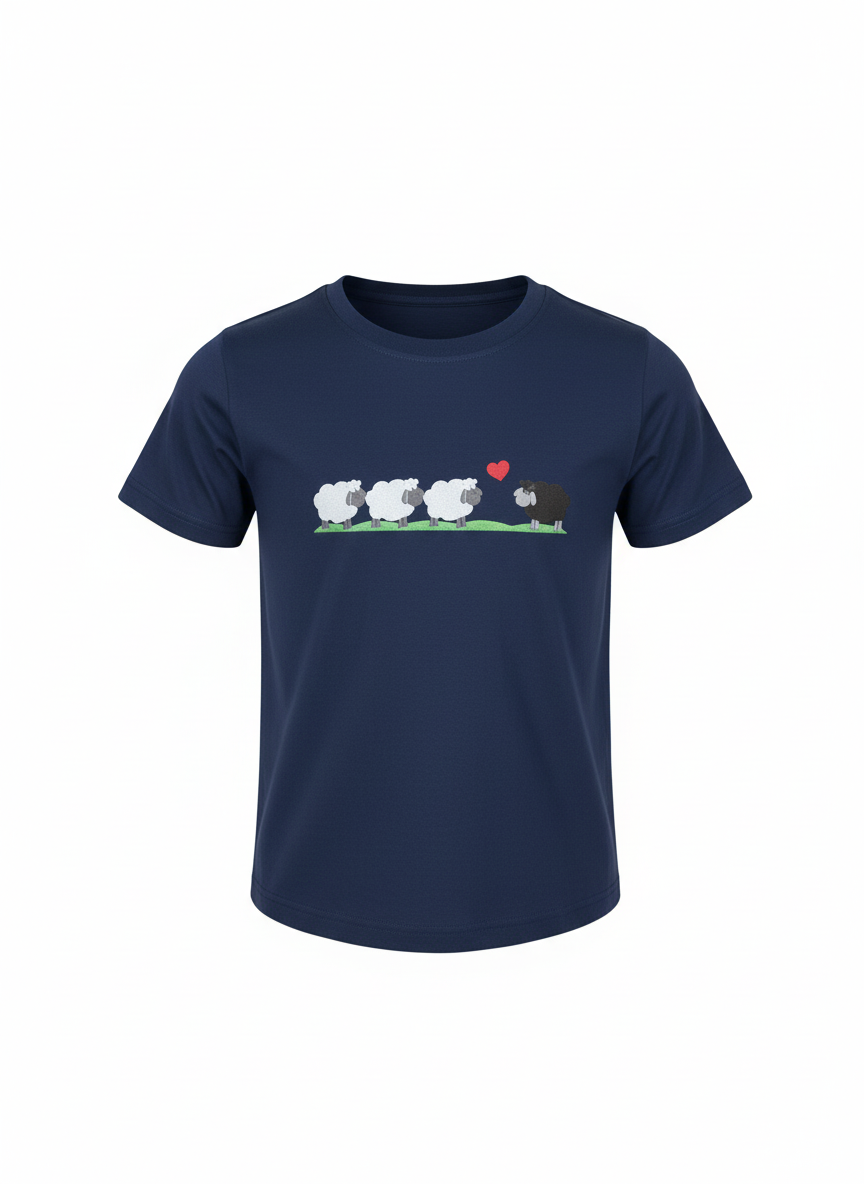 Navy blue t-shirt with a graphic design on a white background