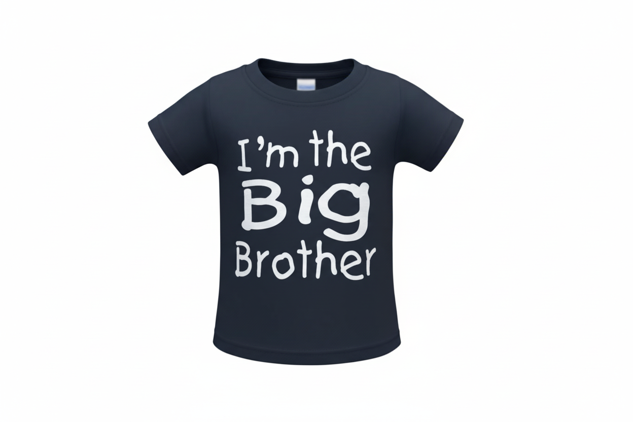 Navy blue t-shirt with 'I'm the Big Brother' text on a white background