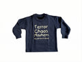 Navy blue sweatshirt with white text on a white background