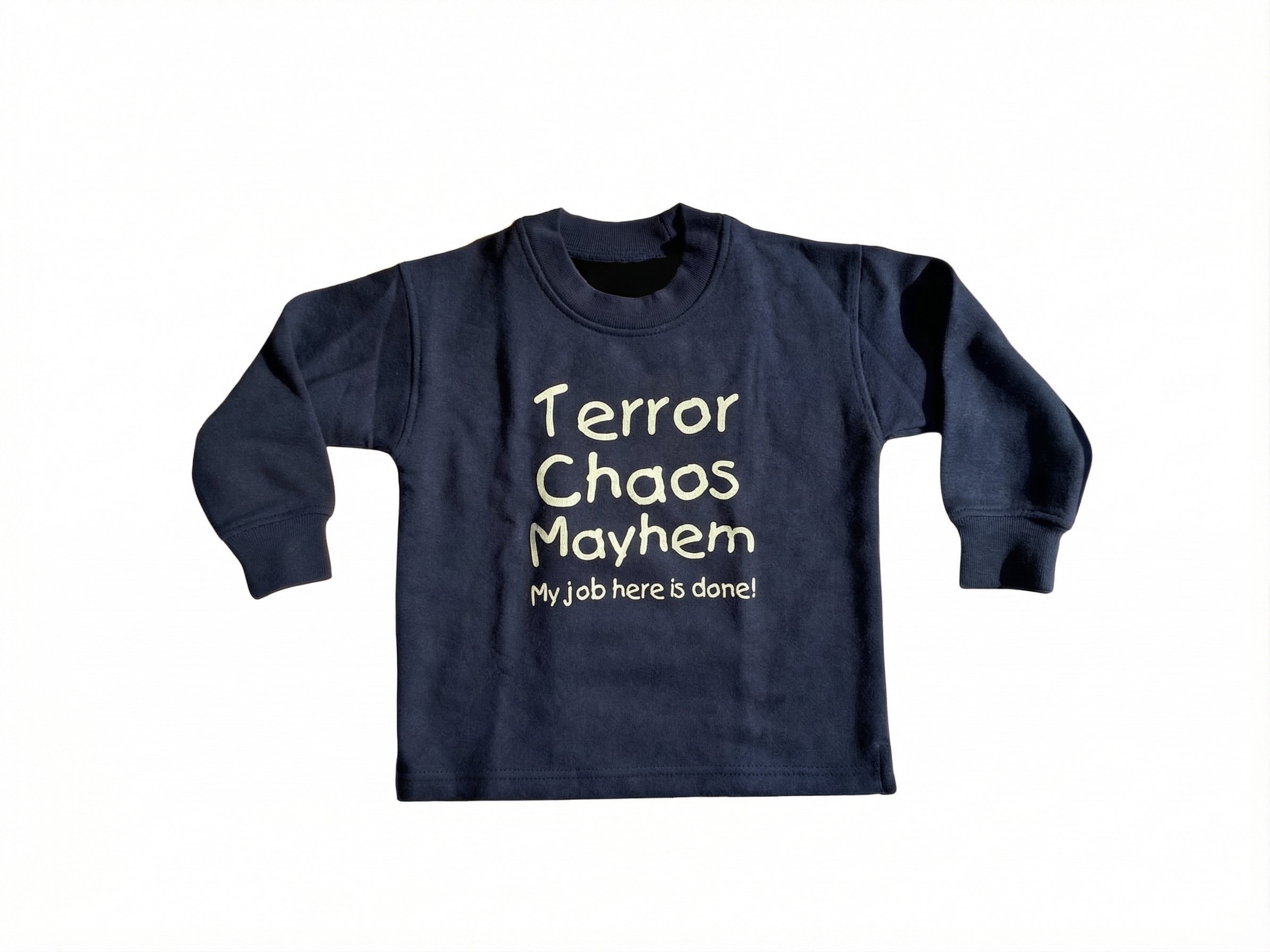 Navy blue sweatshirt with white text on a white background
