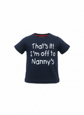 Navy blue t-shirt with white text on a white background