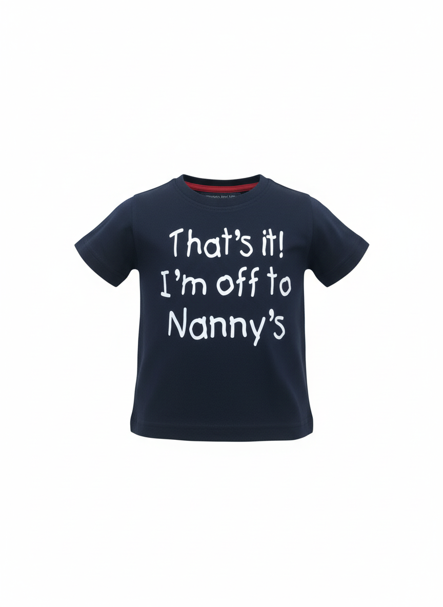 Navy blue t-shirt with white text on a white background
