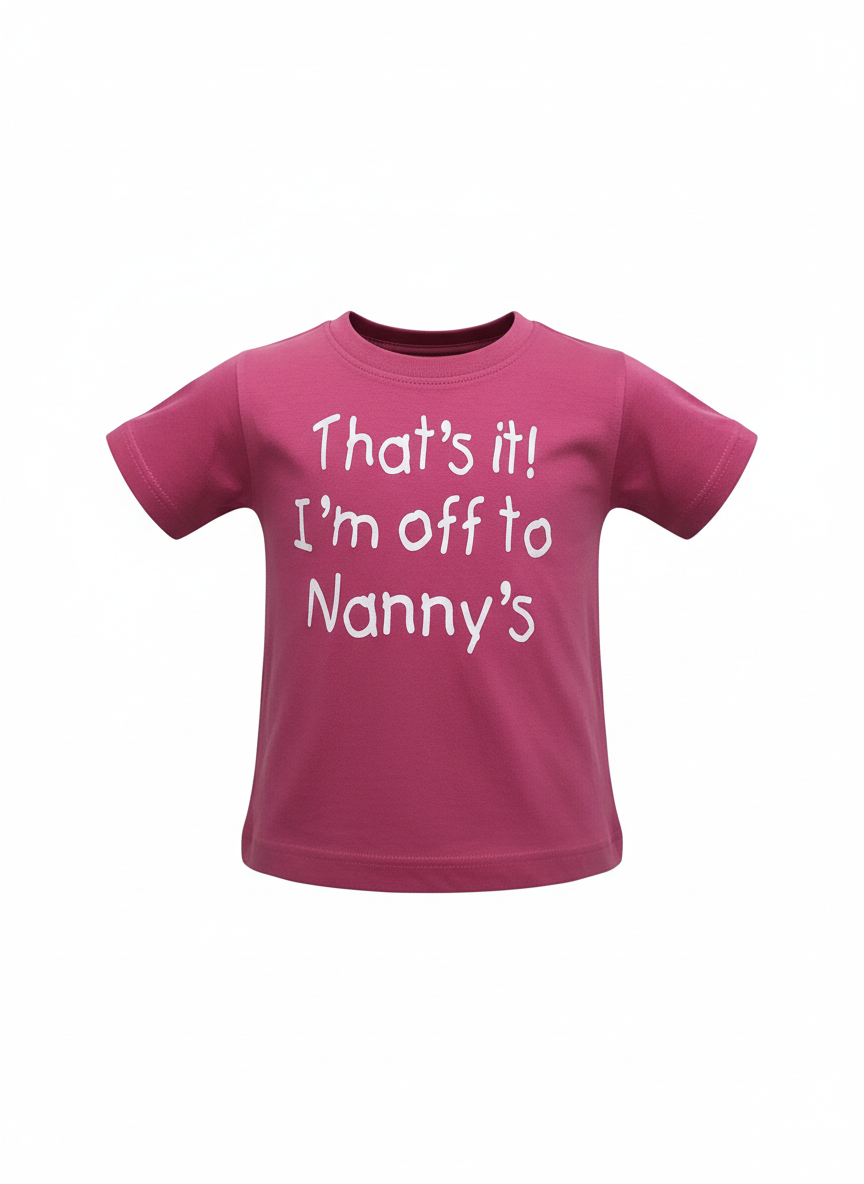 pink t-shirt with thats it im off to nannys printed in white lettering on front. On a white background.