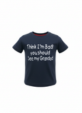 Navy blue t-shirt with white text on a white background