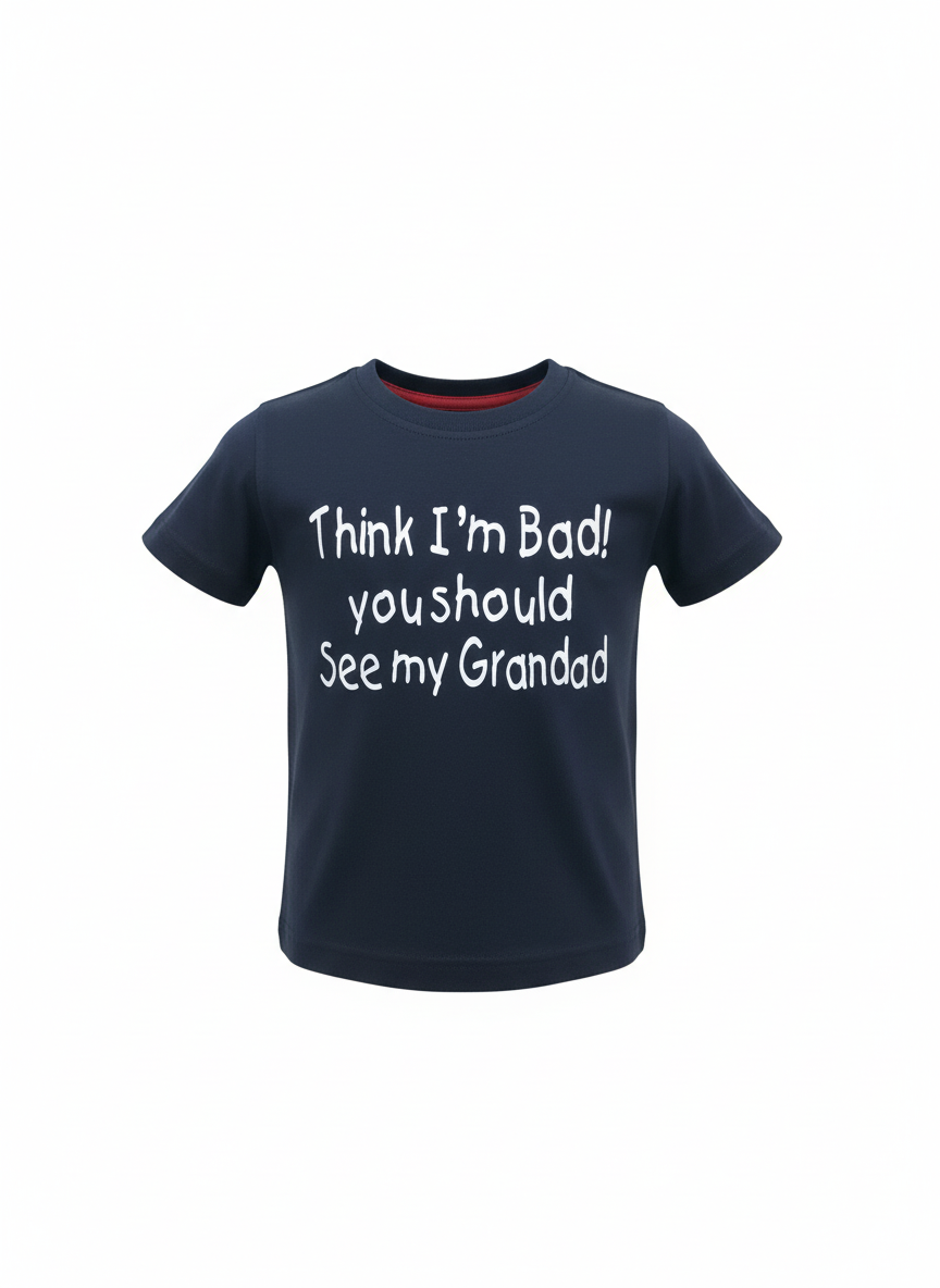 Navy blue t-shirt with white text on a white background